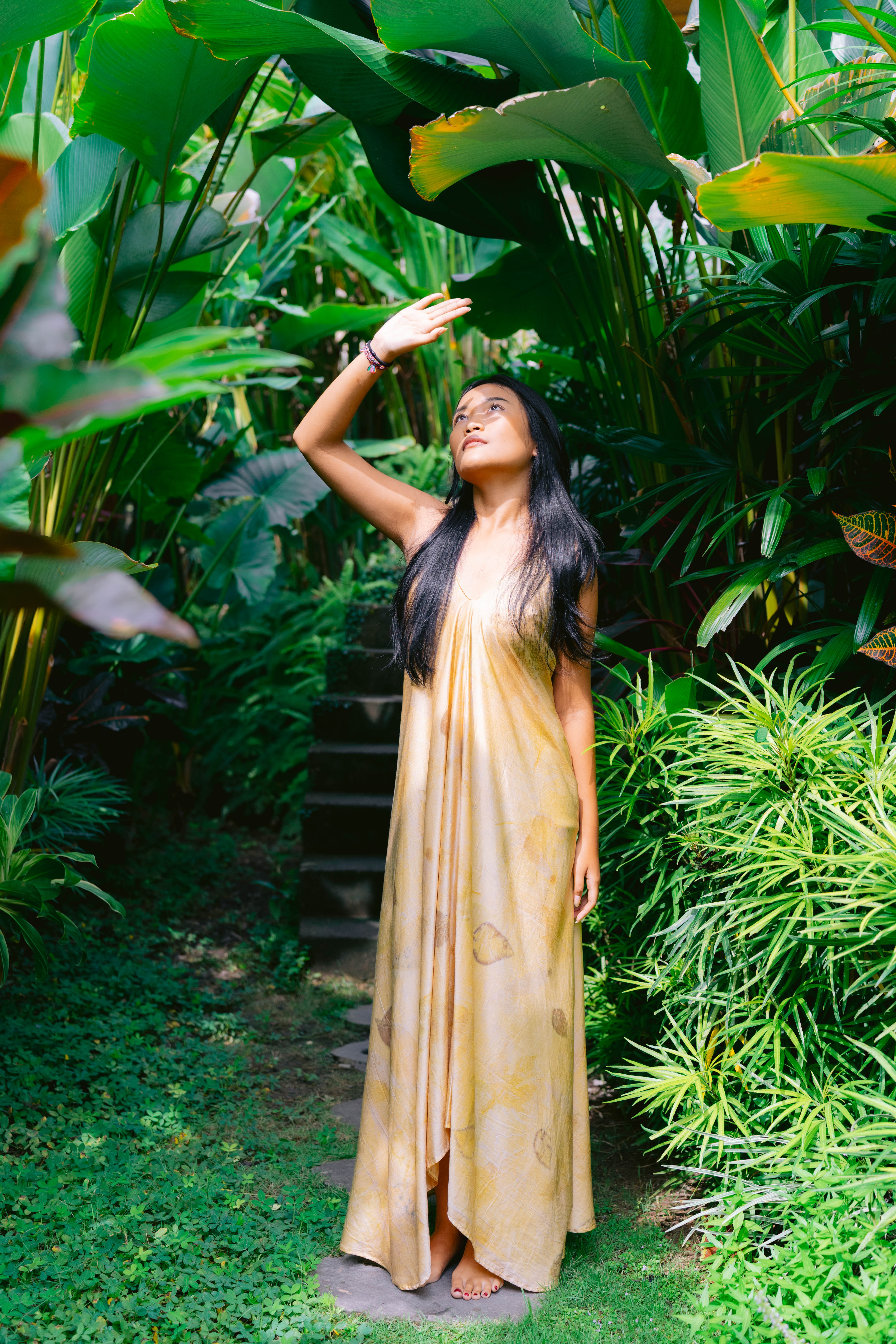 The Goddess – White & Golden Yellow Cotton Silk Eco Print Dress